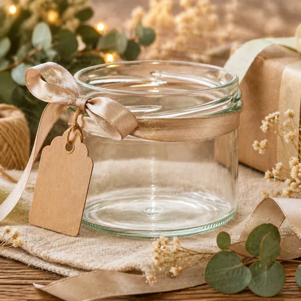 UNiTWIST Sturz225 - bekers inhoud 225ml TO82 UNiTWIST Sturz225 bekers 225ml TO82 leeg met gouden strik en cadeaulabel op een rustieke houten tafel