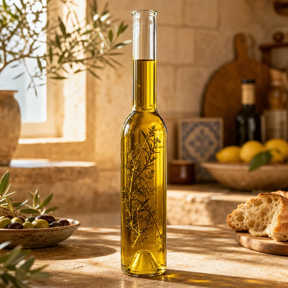 200 ml glazen fles Hugo zonder sluiting UNiTWIST® 200ml Glasflasche Hugo mit Olivenöl und Kräutern befüllt mediterrane Küche rustikale Holzoptik Lifestyle