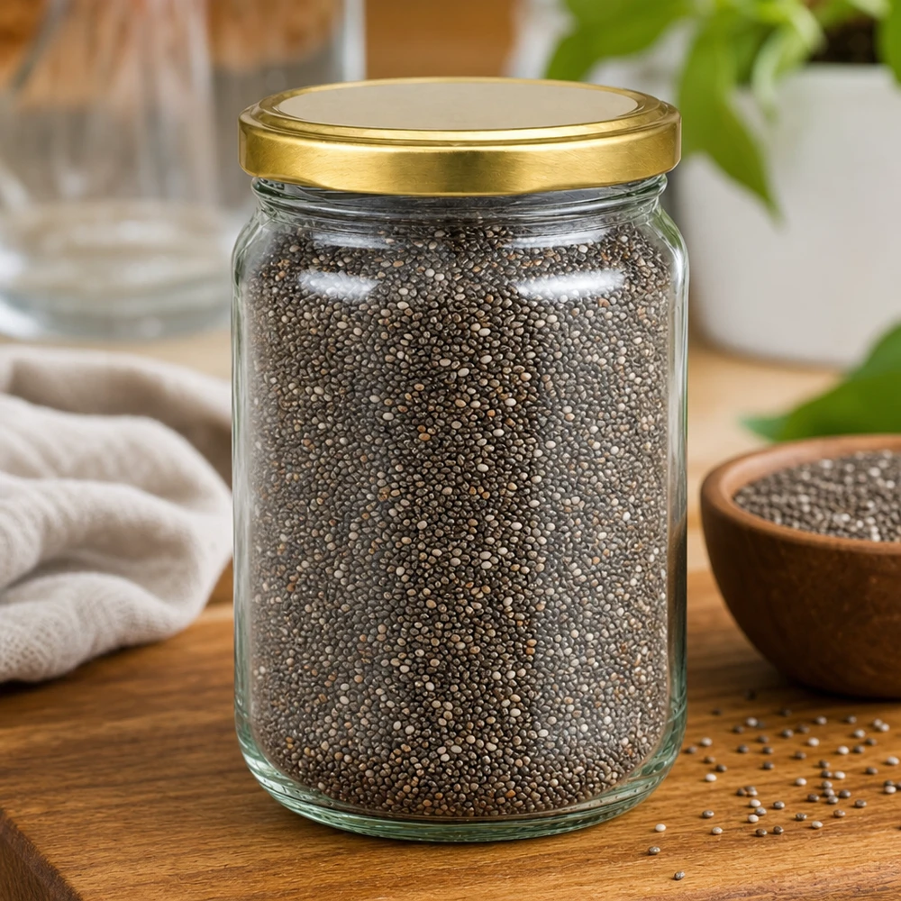 305ml rond glas met BasicSeal deksel goud UNiTWIST 305ml Rundglas UNiTWIST mit goldenem Deckel gefüllt mit Chiasamen - praktisches Vorratsglas für Küche