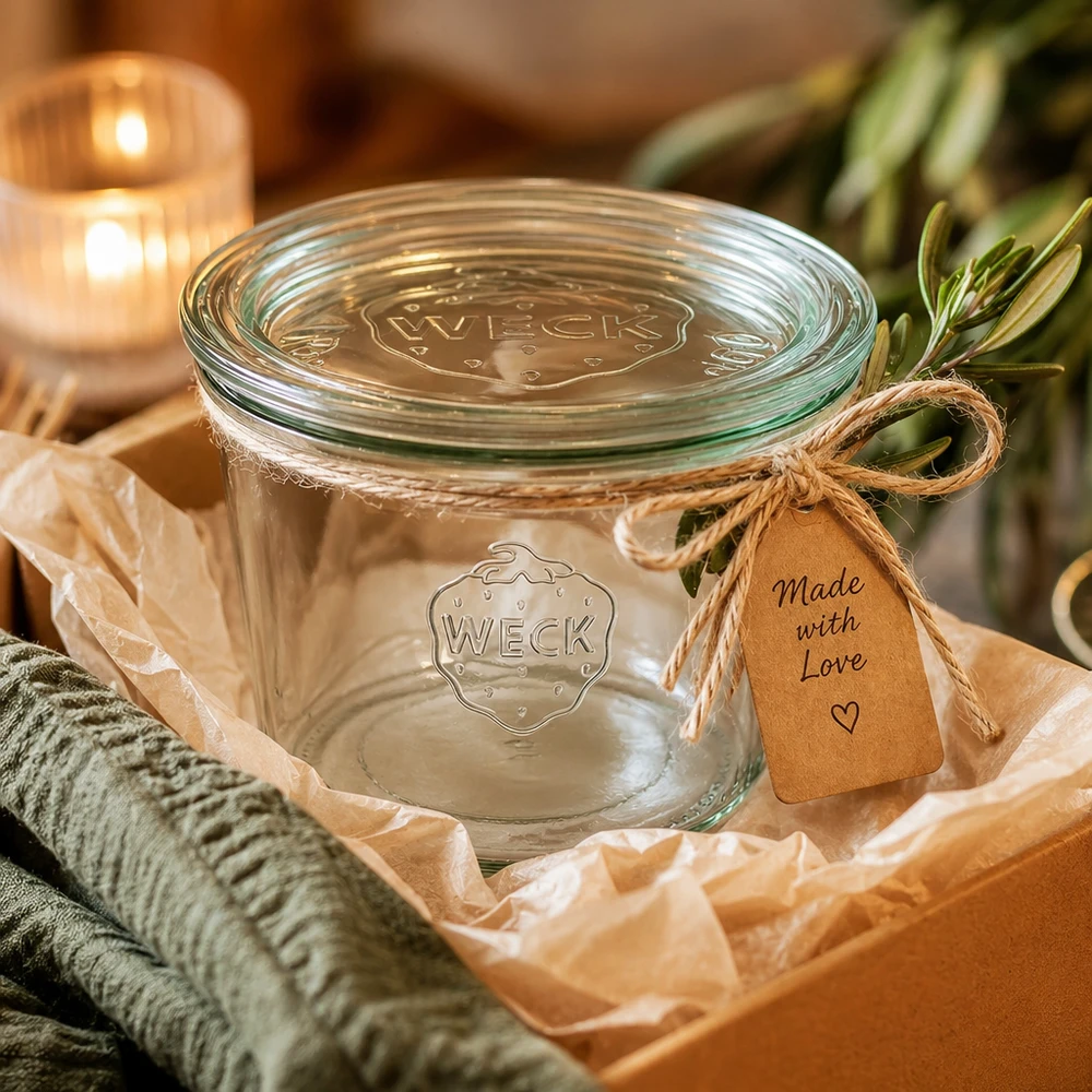 WECK RR100-pot van 370 ml met glazen deksel WECK inmaakpot 370ml RR100 geschenkverpakking met raffia lint en Made with Love tag in geschenkverpakking