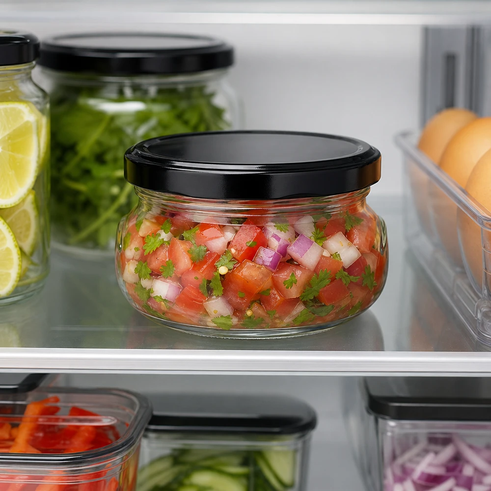 120ml terrine met BasicSeal deksel zwart UNiTWIST 120 ml terrine potje met verse salsa bewaard in de koelkast, zwart deksel, maaltijd voorbereiden en bewaren