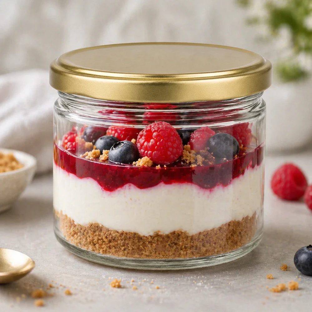 Honingpot 700 g met gouden deksel BasicSeal UNiTWIST 700g BasicSeal honingpot met gouden deksel als dessertpot voor gelaagde desserts met bessen en biscuitbodem