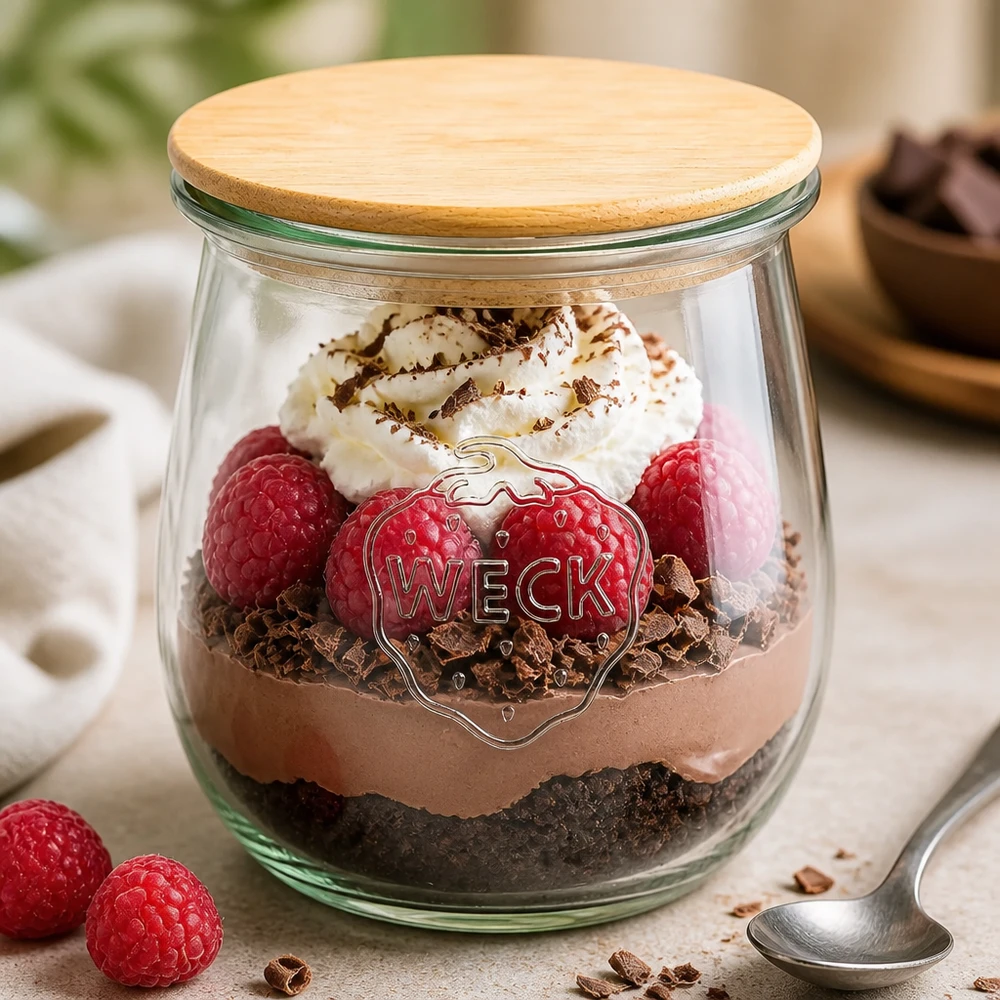 WECK tulp pot 220ml RR60 met houten deksel als dessert pot - Chocolade mousse met frambozen en room in een inmaak pot