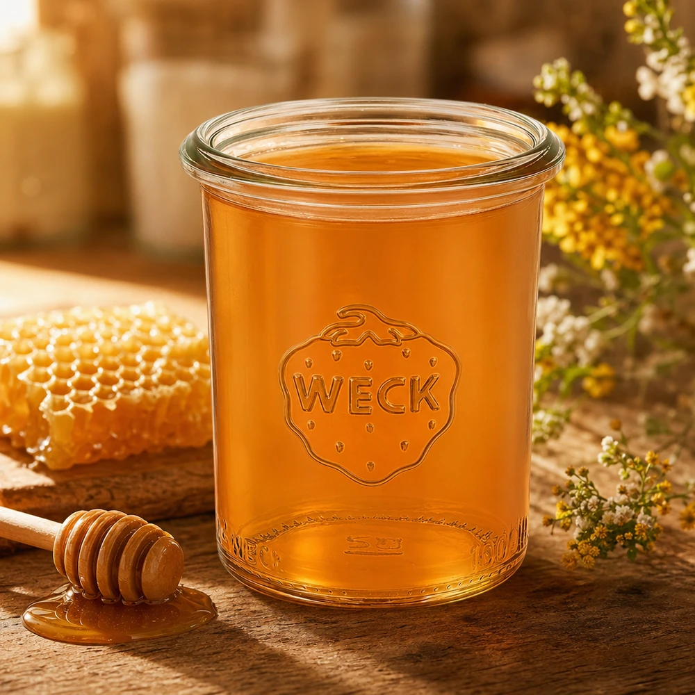 160ml stortglas WECK RR60 160ml glazen pot WECK RR60 gevuld met honing op een houten tafel met honingraat en honinglepel natuurlijke decoratie