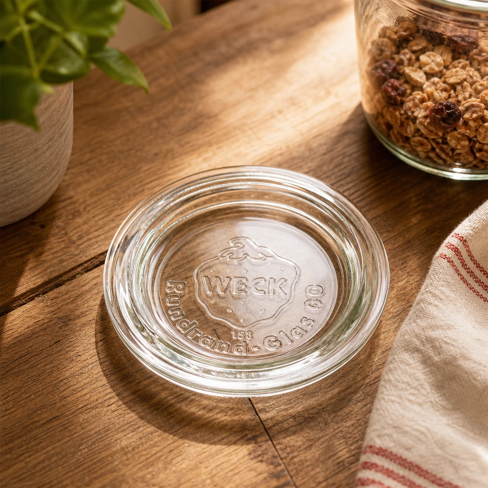 WECK glazen deksel RR60 transparant op houten tafel met muesli voorraadpot en keukentextiel rustiek keukenscène