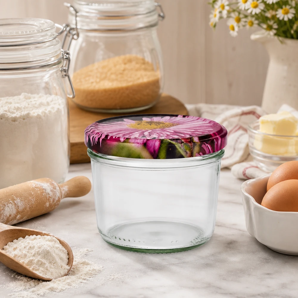 230ml bekers met BasicSeal deksel Bloemen decor UNiTWIST Leeres Sturzglas 230ml mit BasicSeal Blütendeckel in Küche zwischen Vorratsgläsern, Eiern und Backutensilien
