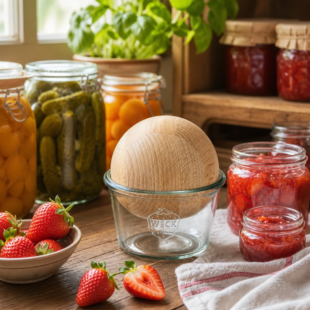 370ml stortglas WECK RR100 met houten bal WECK inmaakpot 370ml RR100 in een rustieke keuken met zelfgemaakte jam en ingemaakte groenten