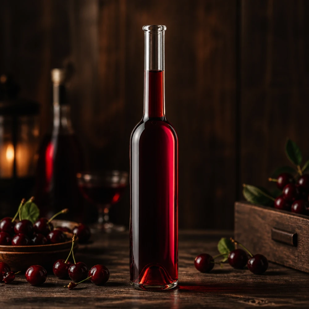 100 ml glazen fles Hugo zonder sluiting UNiTWIST® 100ml glazen fles Hugo gevuld met kersenlikeur sfeervolle verlichting fruitbrandewijn distilleerderij UNiTWIST product afbeelding