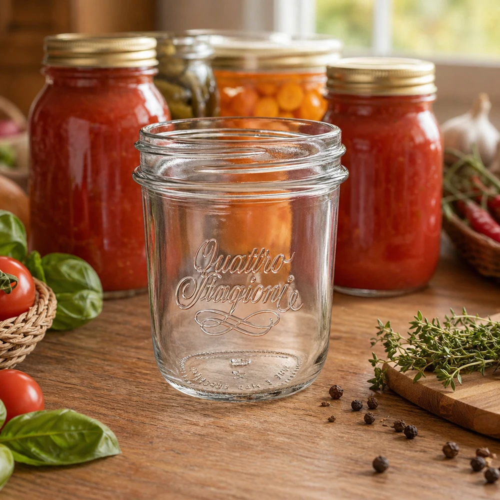 320ml Quattro Stagioni bekers met QS86mm draad op houten tafel voor inmaakpotten met tomaten en kruiden