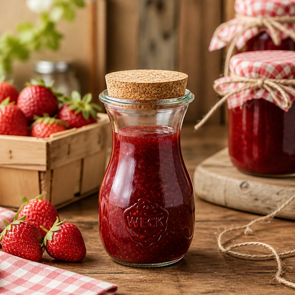 290ml sapflessen WECK RR60 met kurk WECK sapfles 290ml met kurk gevuld met aardbeienjam in rustieke keuken met verse aardbeien