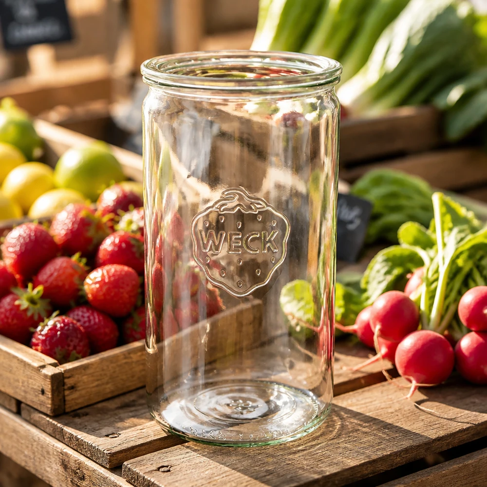 1590ml cilinderglas met glazen deksel WECK RR100 WECK cilinderpot 1590ml RR100 op houten kist met verse radijsjes aardbeien en groenten in natuurlijke omgeving