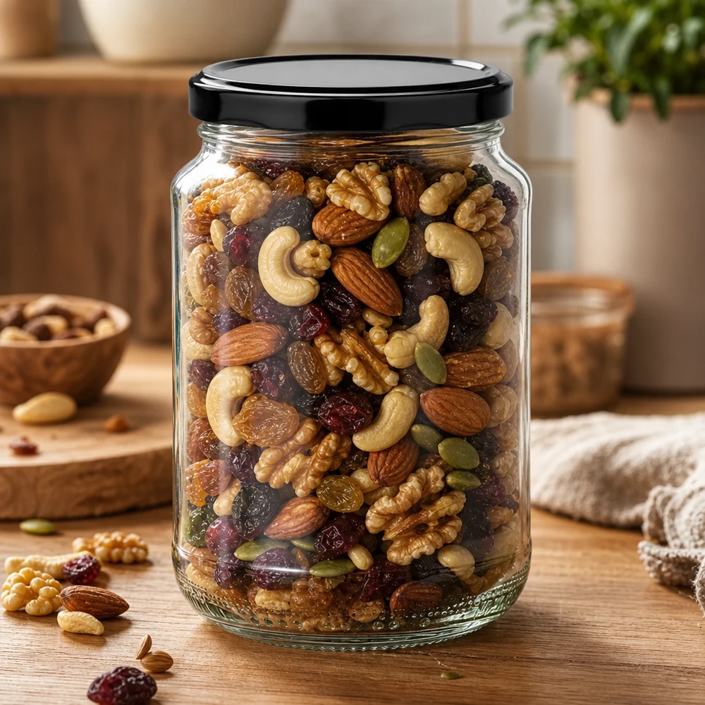375ml rond glas met BasicSeal deksel zwart UNiTWIST 375 ml ronde pot met zwart deksel gevuld met notenmix als voorraadpot voor gedroogd fruit en noten