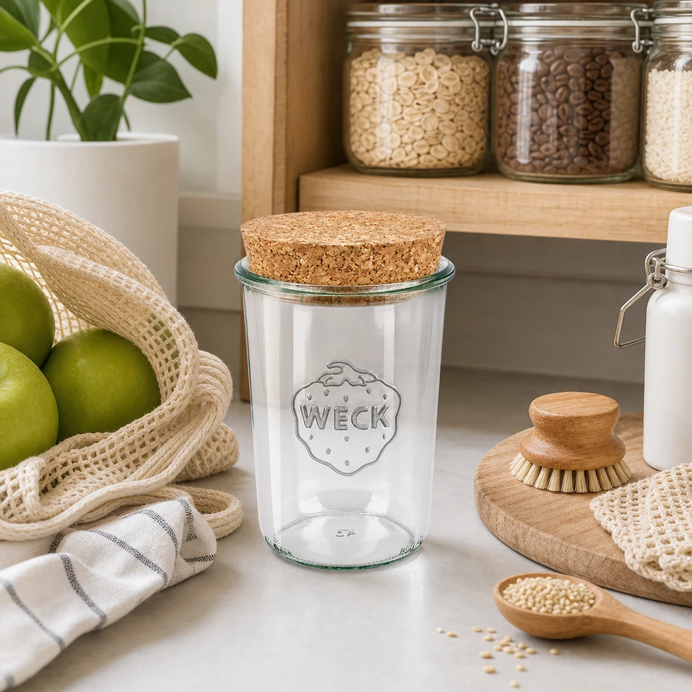 WECK bekers 850ml RR100 met kurkdeksel in duurzame keuken naast voorraadpotten fruit en houten keukengerei