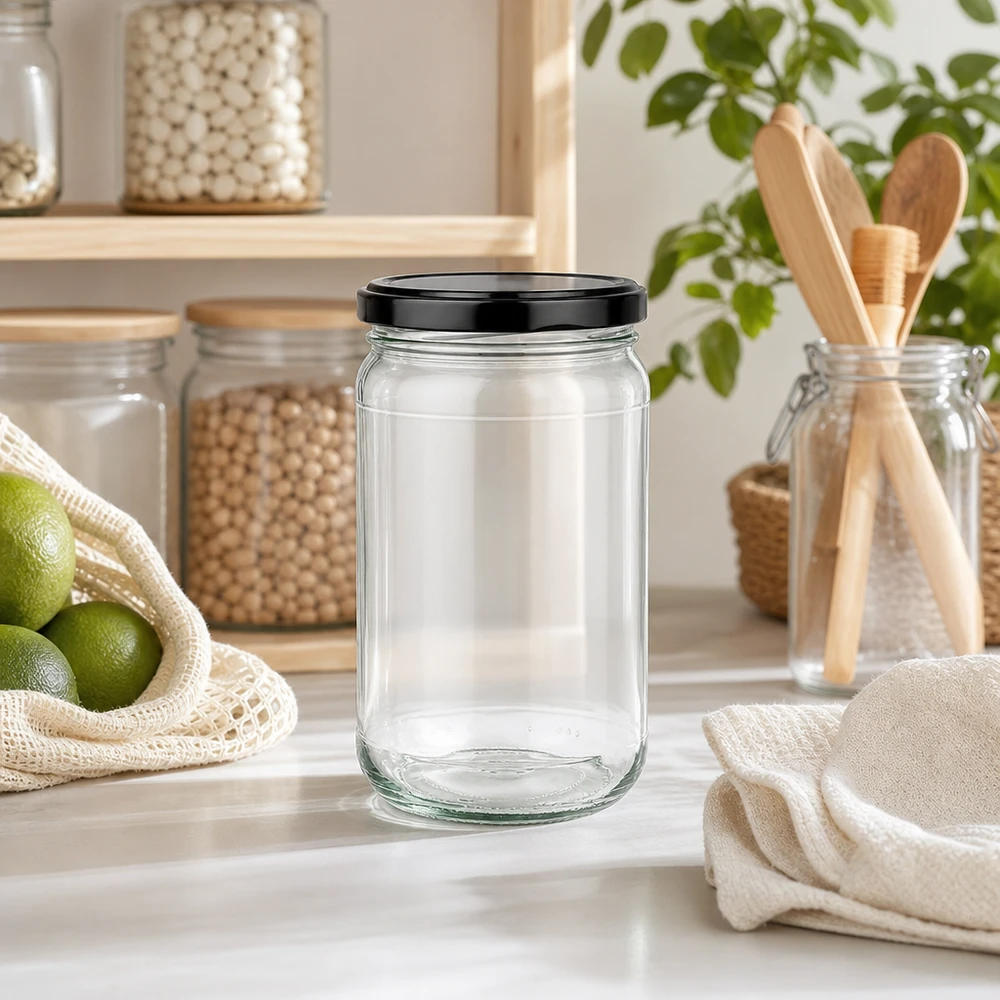 305ml rond glas met BasicSeal deksel zwart UNiTWIST 305ml Rundglas UNiTWIST mit schwarzem Deckel in moderner Zero-Waste Küche neben Holzutensilien und Limetten