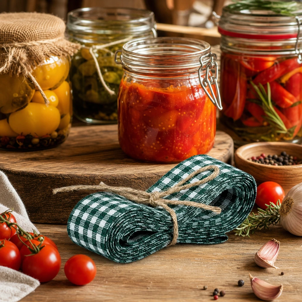 Stofband groen/wit voor decoratie 300 cm Groen en wit decoratielint 300cm in een rustieke keuken met inmaakpotten en verse tomaten als decoratie-inspiratie