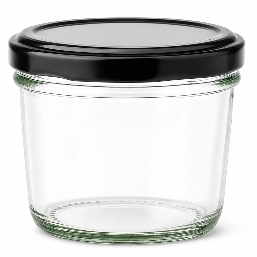 230ml bekers met BasicSeal deksel zwart UNiTWIST 230ml mason jar met zwart BasicSeal deksel van helder glas voor jam en conserven