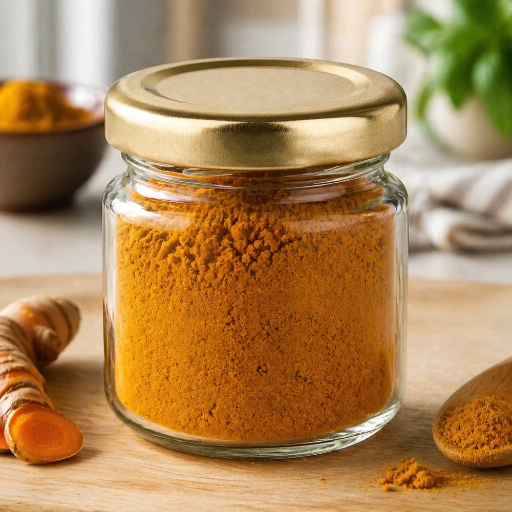 53ml rond glas met BasicSeal deksel goud UNiTWIST 53ml rond potje UNiTWIST gevuld met kurkumapoeder toont gebruik als kruidenpotje met gouden deksel
