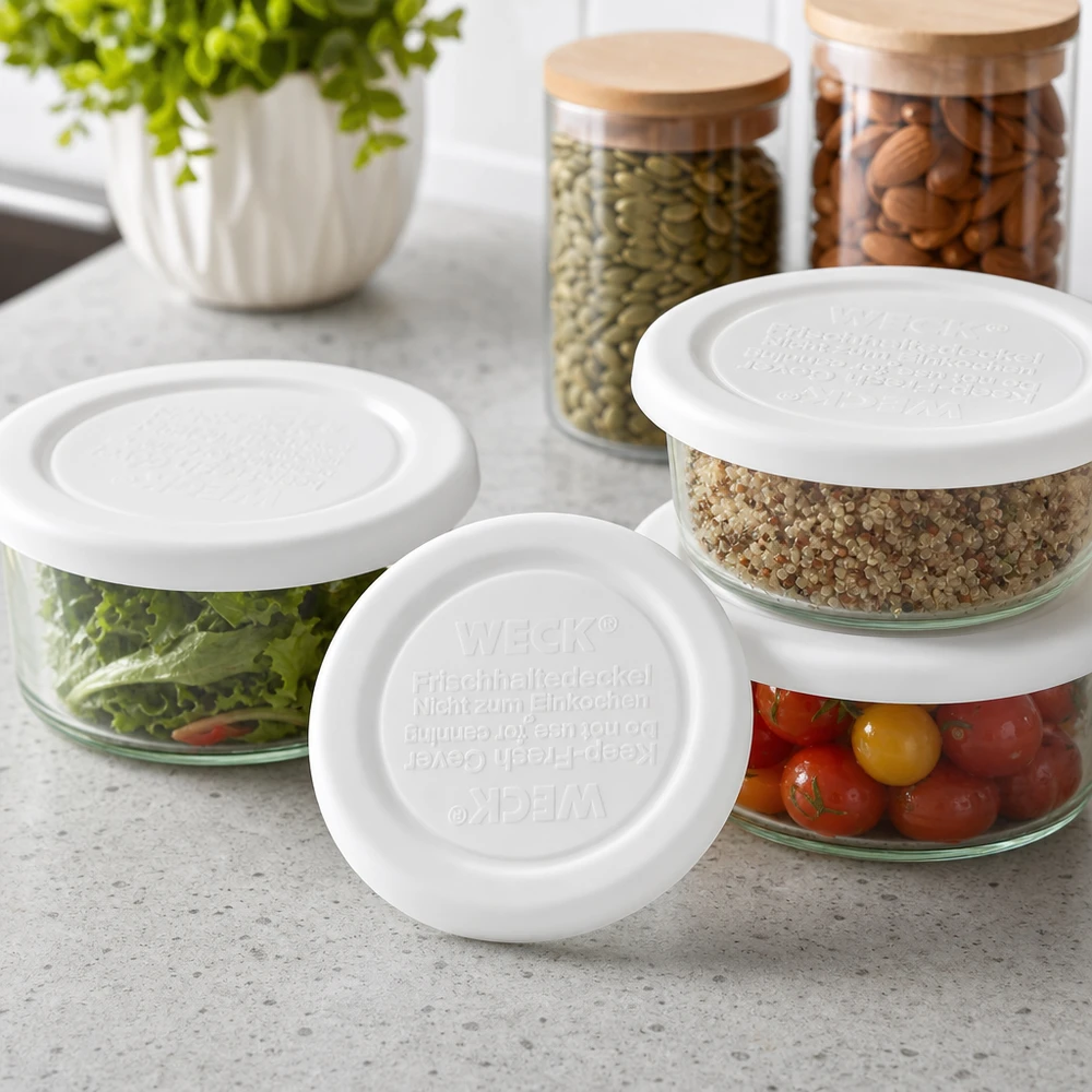 WECK RR40 keep-fresh deksel voor glazen kommen met quinoa, tomaten en salade - veelzijdige keukenopslag