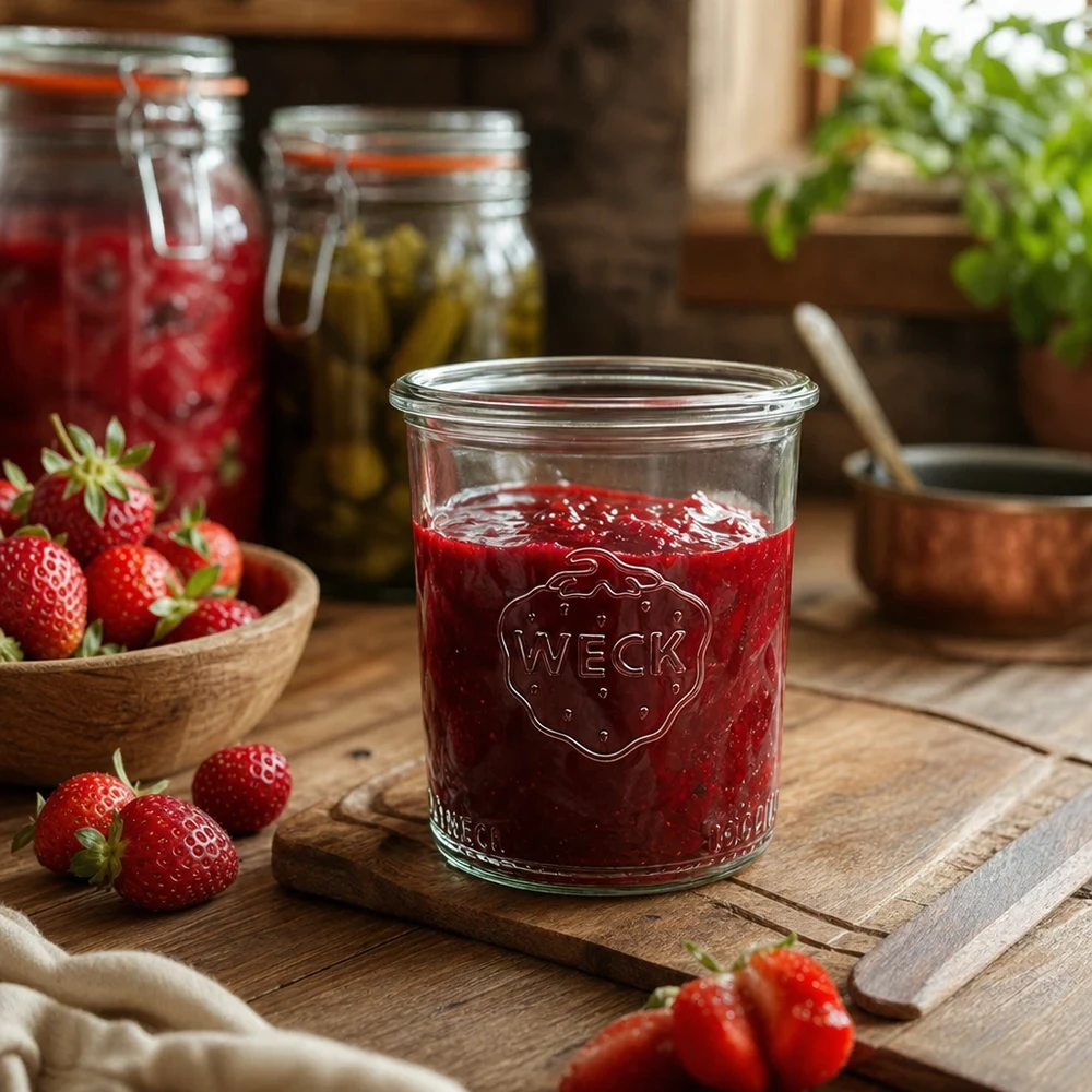 160ml stortglas WECK RR60 WECK RR60 pot van 160 ml gevuld met aardbeienjam op een houten tafel met verse aardbeien en inmaakpotten