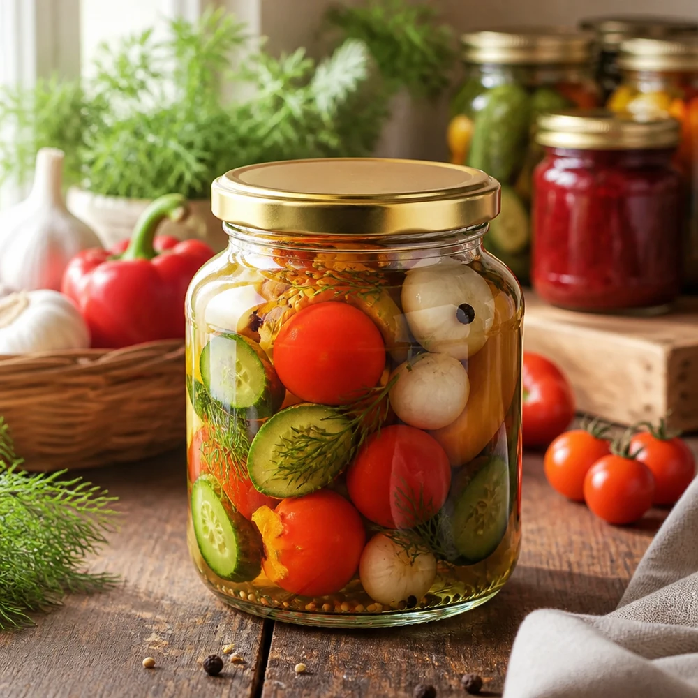 370ml ovaal glas met BasicSeal deksel goud UNiTWIST 370 ml ovale pot gevuld met ingemaakte groenten - BasicSeal deksel goud UNiTWIST voor conserveren en inblikken