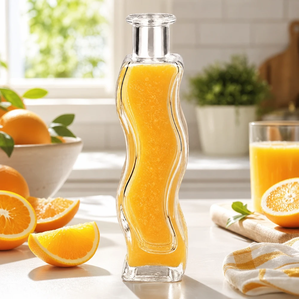 100 ml glazen fles Melissa zonder sluiting UNiTWIST® 100 ml glazen fles Melissa gevuld met sinaasappelsap in een lichtgekleurde keuken omringd door verse sinaasappels en citrusvruchten