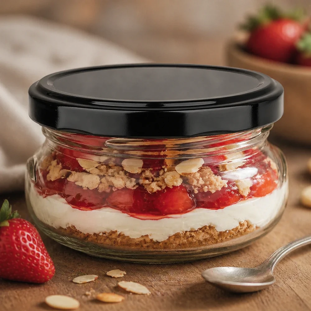 120ml terrineglas gevuld met aardbeientoetje en crumble, zwart deksel, gelaagd dessert in glas klaar om te serveren