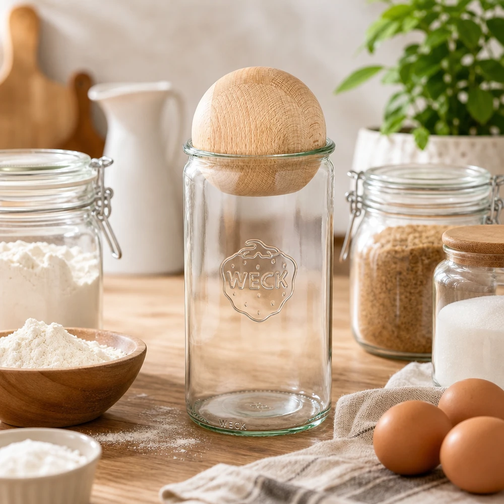 1590ml cilinderglas WECK RR100 met houten bal WECK cilinderpot 1590ml RR100 met houten bal van beukenhout in bakkerijkeuken met meel, eieren en bakingrediënten