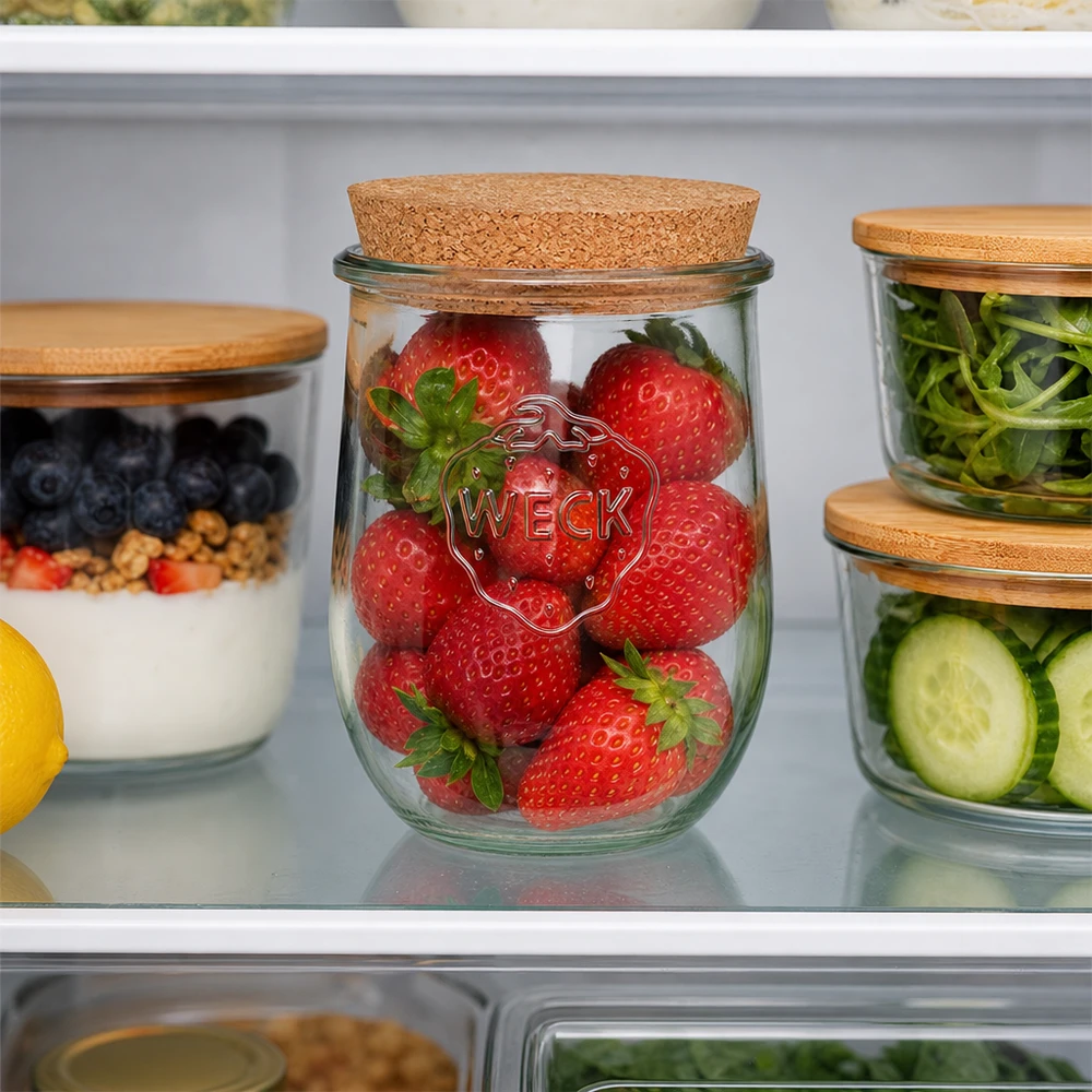 1062ml tulpenglas WECK RR100 met kurk WECK tulp pot 1062ml RR100 met kurk deksel voor het bewaren van verse aardbeien in de koelkast Meal Prep Organisation