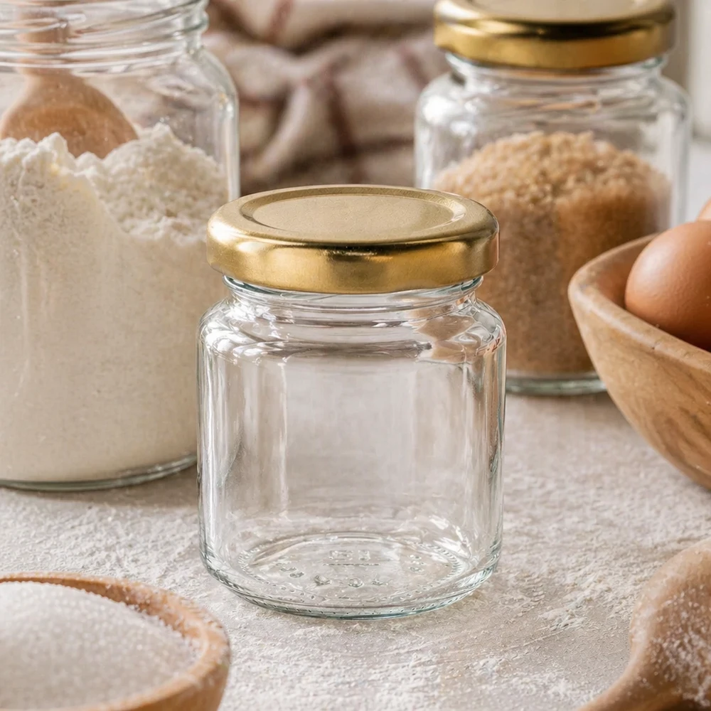 53ml rond glas met BasicSeal deksel goud UNiTWIST 53ml UNiTWIST rond potje met gouden deksel voor gebruik in de keuken naast meel en bakingrediënten als voorraadpotje
