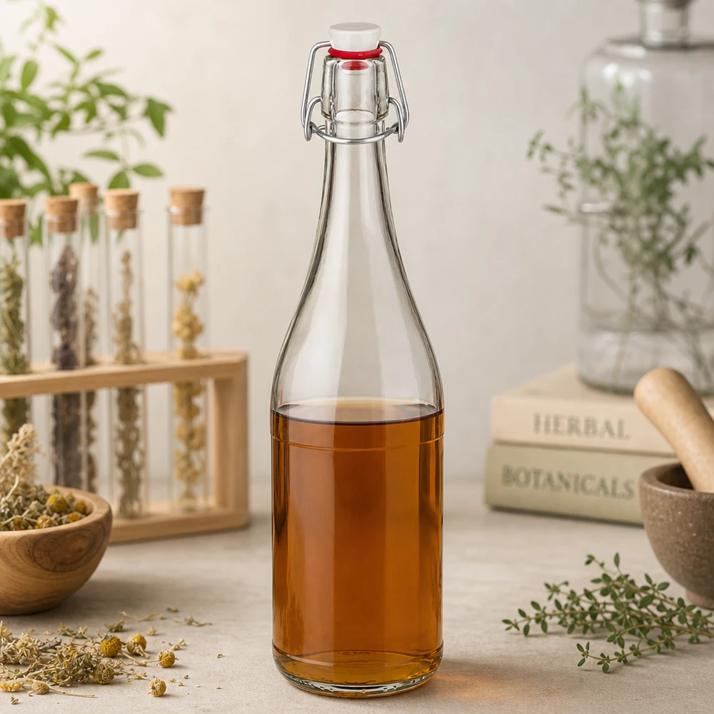 750 ml glazen fles + draaidop PVC UNiTWIST 750ml glazen fles met draaidop gevuld met kruidenthee medicinale kruiden botanicals stilleven natuurlijke ingrediënten