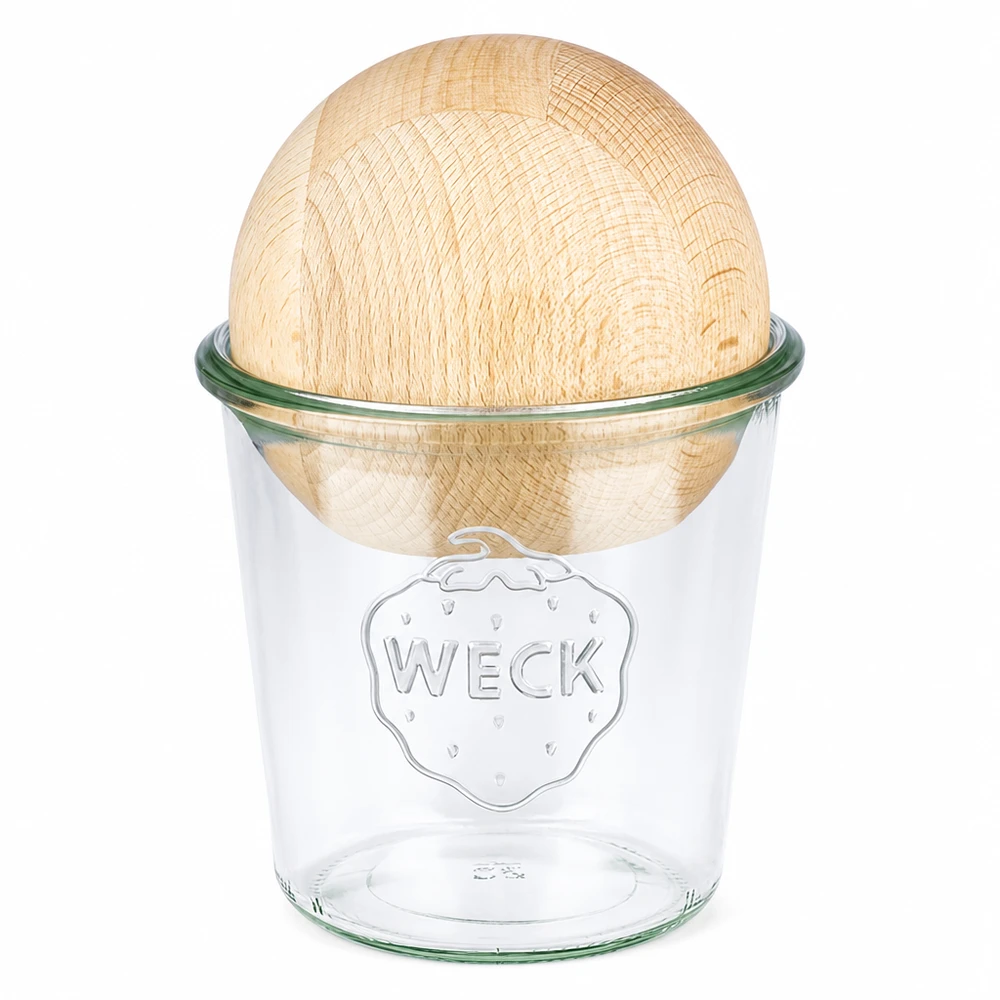 580ml stortglas WECK RR100 met houten bal WECK beker 580ml RR100 met beukenhouten boldeksel op witte achtergrond