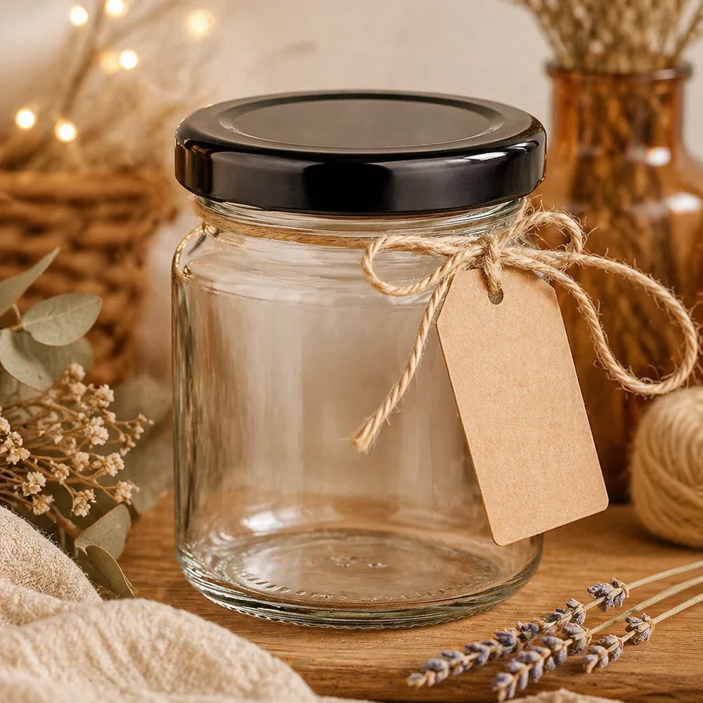 53ml rond glas met BasicSeal deksel zwart UNiTWIST 53ml Rundglas mit schwarzem Deckel leeres Einmachglas mit Kraftpapier-Etikett rustikale Geschenkverpackung Dekoration