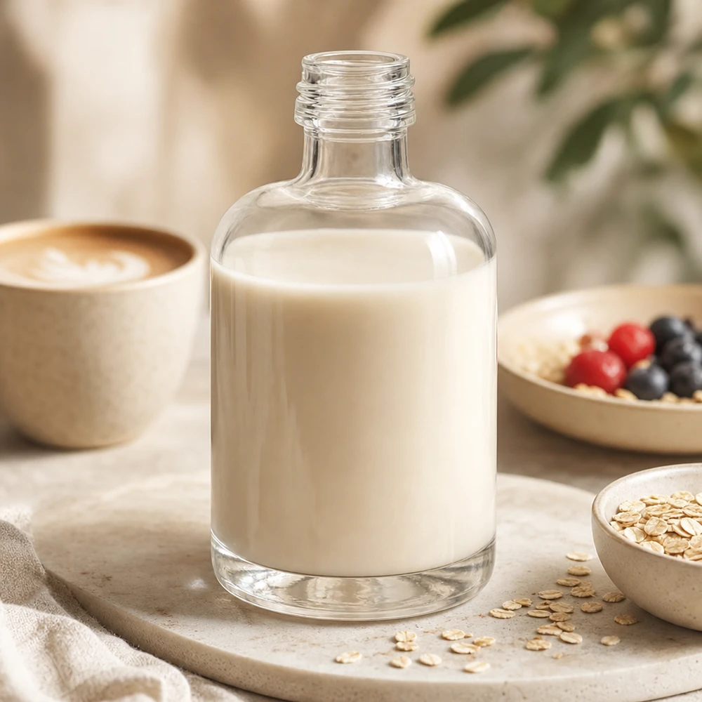 40 ml glazen fles Sara zonder schroefdop UNiTWIST® 40ml Glasflasche Sara mit cremiger Hafermilch befüllt in natürlicher Küchenszene mit Müsli und Kaffee ohne Verschluss