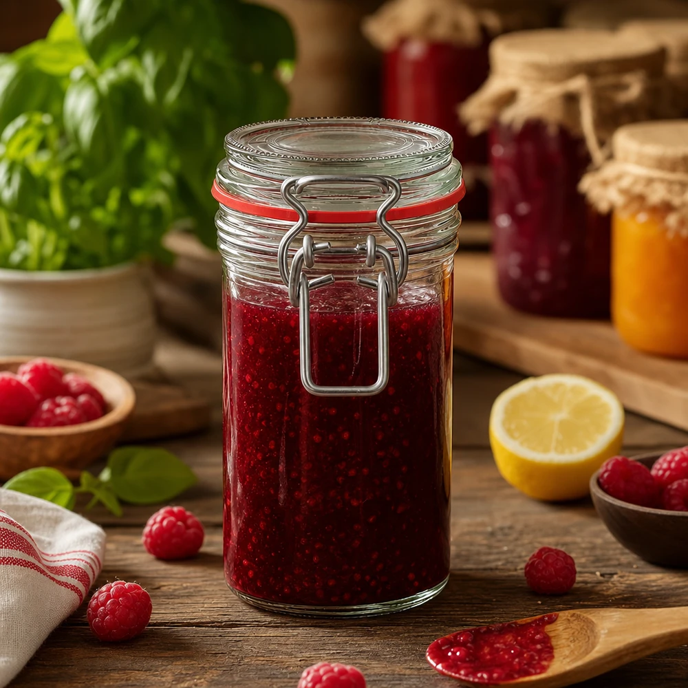 272 ml voorraadpot met draaidop gevuld met rode jam op een houten tafel met verse frambozen en citroen
