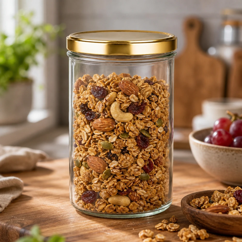 277ml bekers met BasicSeal deksel goud UNiTWIST 277ml mason jar met gouden UNiTWIST deksel gevuld met muesli, noten en gedroogd fruit als voorraadpot in de keuken