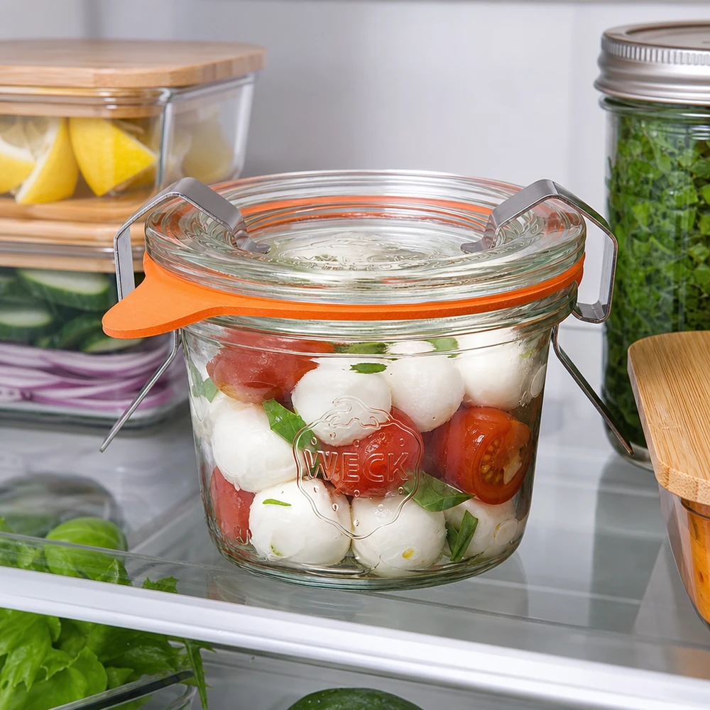 35ml stortglas compleet WECK RR40 WECK 35ml RR40 glazen pot gevuld met Caprese salade in de koelkast toont praktische opslag van vers voedsel