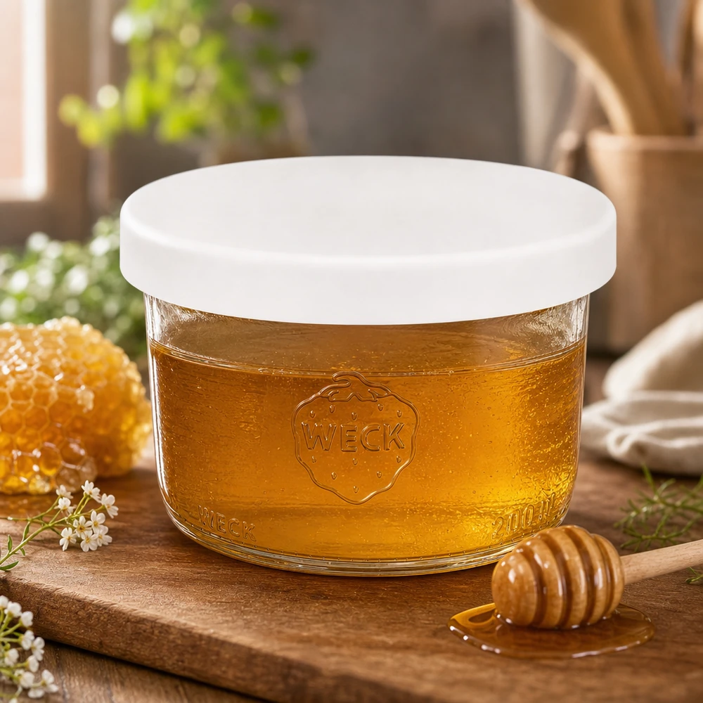 WECK bekers 200ml RR80 gevuld met honing wit siliconen deksel honingpot op houten plank met honinglepel