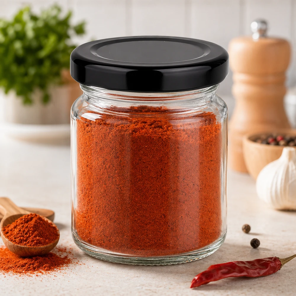 53ml rond glas met BasicSeal deksel zwart UNiTWIST 53 ml rond potje met zwart deksel gevuld met rood paprikapoeder in moderne keuken kruidenopberger