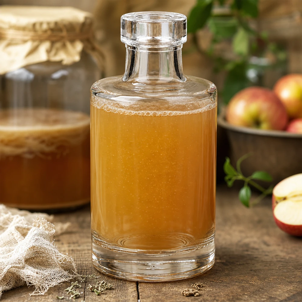 100ml glazen fles Marie gevuld met appelsap naast verse appels en een rustieke houten mand in een natuurlijke keukenscène