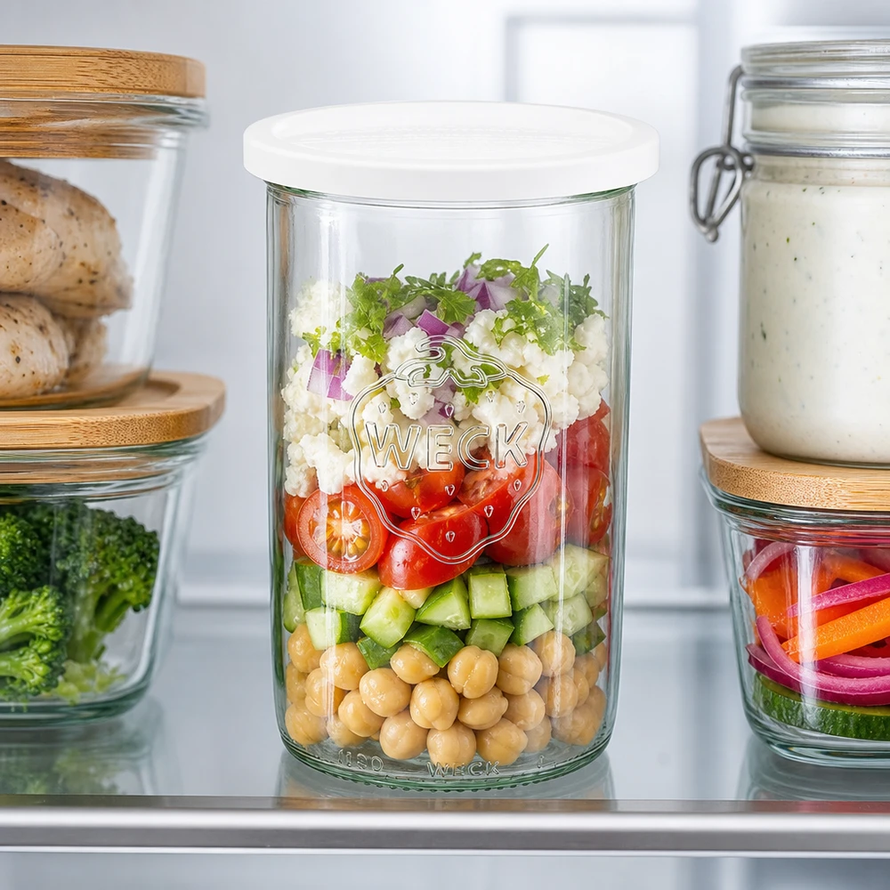 WECK 1000ml RR100 pot met gelaagde salade van kikkererwten, komkommer en tomaten toont maaltijdvoorbereiding in de koelkast