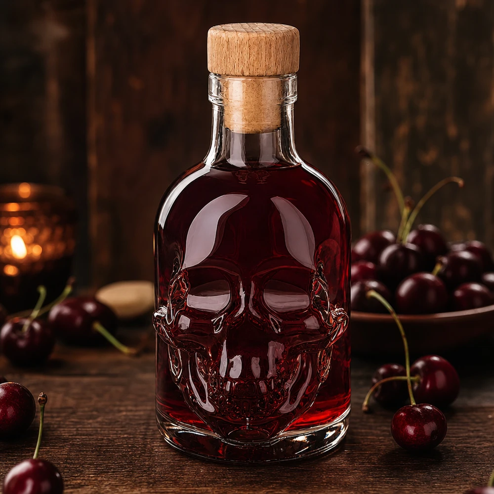 200 ml glazen fles Jack met houten kurk UNiTWIST® 200 ml glazen fles Jack met rode kersenvloeistof en houten kurk, omringd door verse kersen