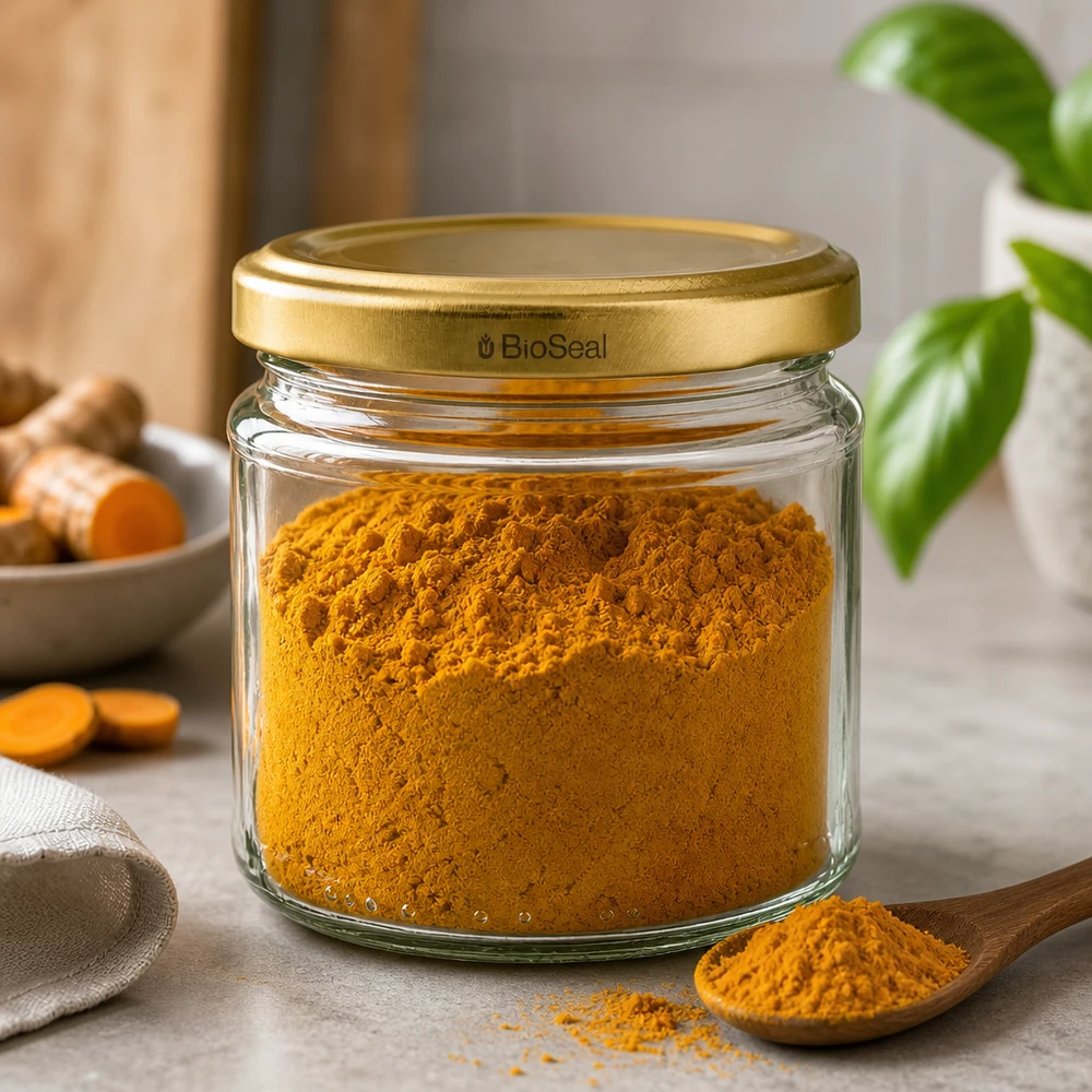 212ml rond glas met BioSeal deksel goud UNiTWIST Rundglas 212ml mit goldenem BioSeal Deckel gefüllt mit Kurkumapulver zeigt praktische Gewürzaufbewahrung