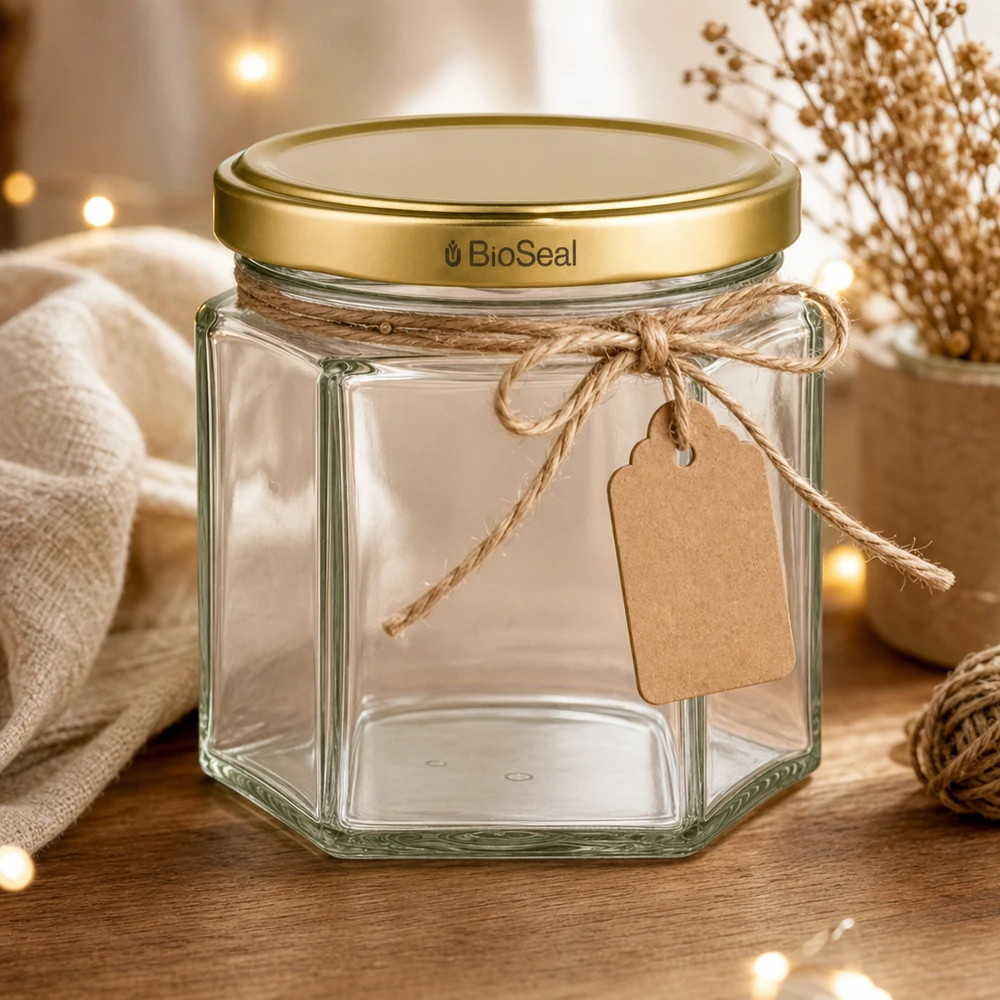 47ml hexaglas met BioSeal deksel goud UNiTWIST UNiTWIST Hexa47 glazen pot met gouden BioSeal deksel en cadeaulabel in een gezellige woonsfeer