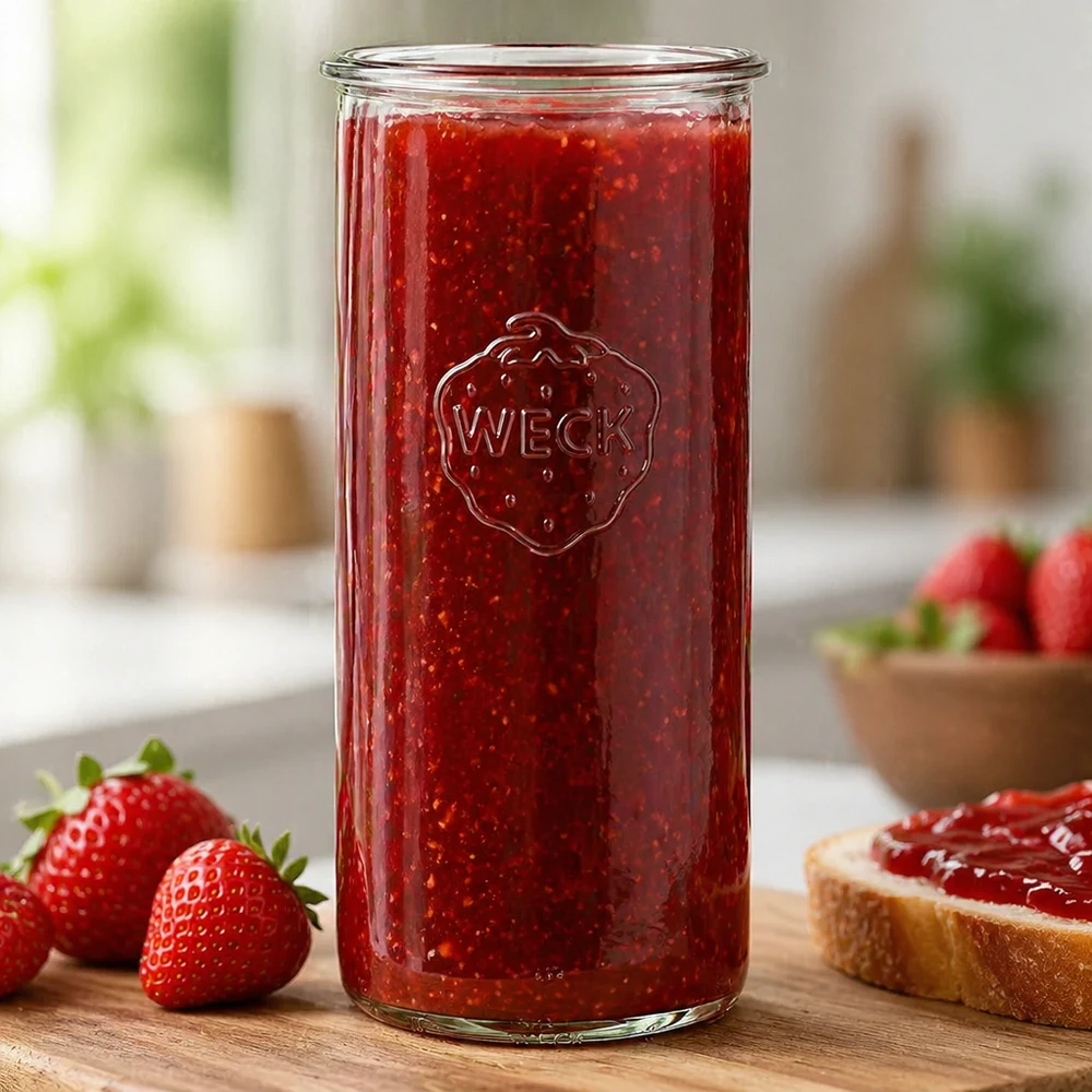 WECK RR100-pot van 1500 ml 1500ml WECK RR100 pot gevuld met rode aardbeienjam naast verse aardbeien en brood op een houten tafel