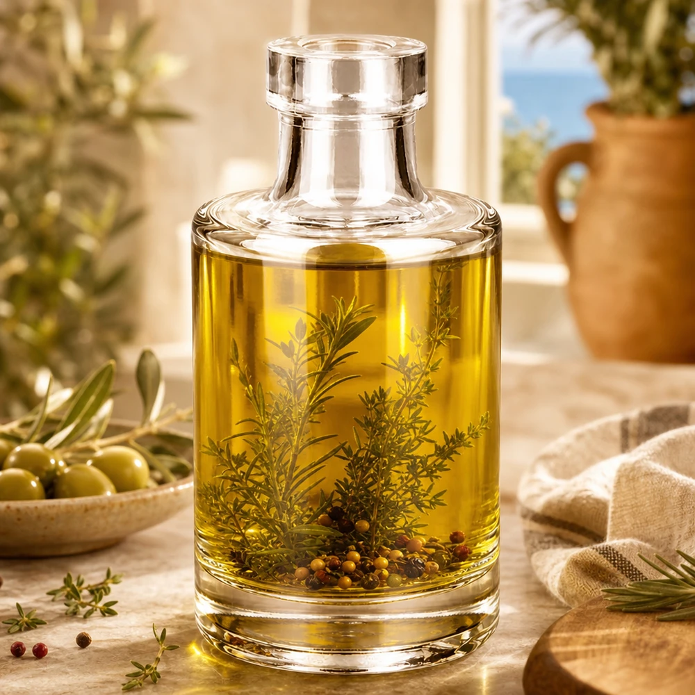 100 ml glazen fles Marie zonder sluiting UNiTWIST® 100ml glazen fles Marie gevuld met kruidenolie en specerijen als voorbeeld voor gebruik in de keuken en voor decoratie