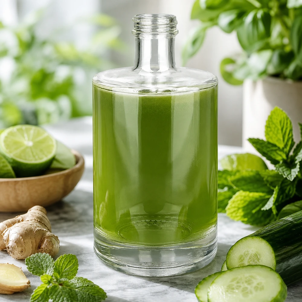 500ml glazen fles Sam gevuld met groene smoothie omringd door verse ingrediënten munt komkommer gember limoen