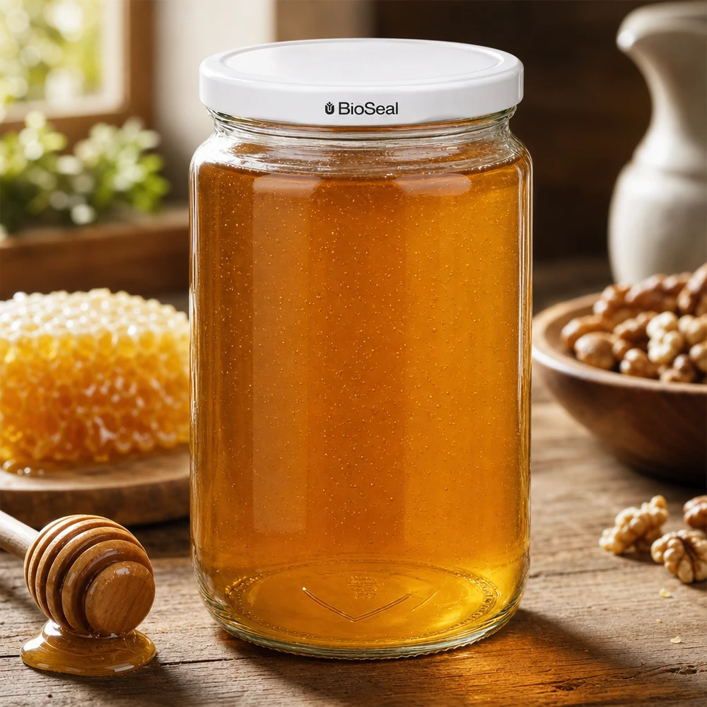 795ml rond glas met BioSeal deksel wit UNiTWIST UNiTWIST Runda795 honingpot met BioSeal deksel gevuld met gouden honing naast honingraat en honinglepel