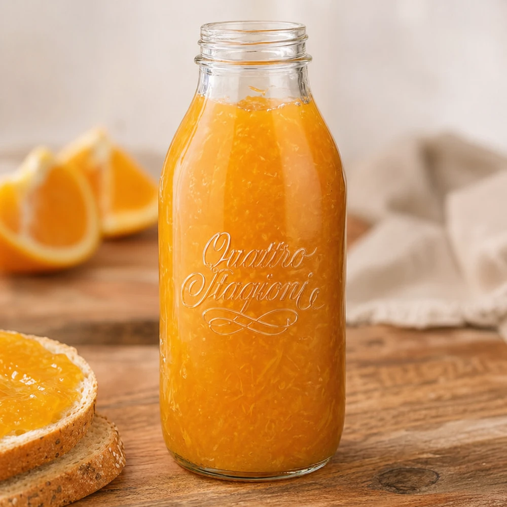 1000ml fles met wijde hals van Quattro Stagioni met vers sinaasappelsap op een houten tafel met sinaasappelschijfjes