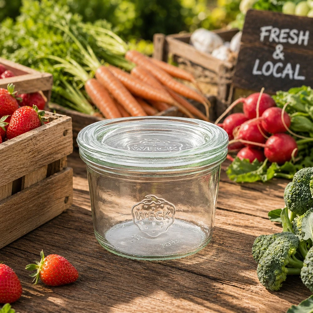 WECK RR60-pot van 80 ml met glazen deksel WECK bekers 80ml RR60 omringd door verse groenten fruit op houten tafel Boerenmarkt Vers Lokaal bord