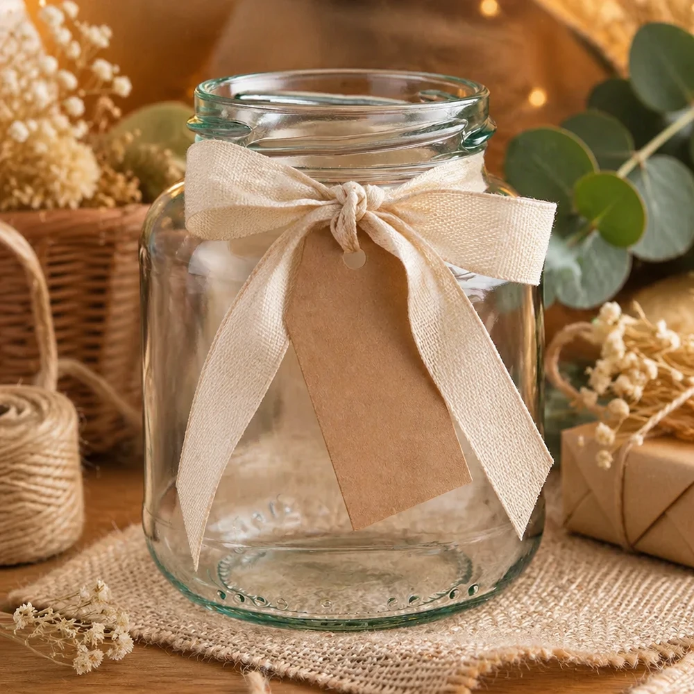 370ml ovaal glas deksel (TO66) UNiTWIST UNiTWIST Oval370 inmaakpot 370ml TO66 met lint en label als geschenkverpakking op jute